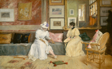 William Merritt Chase's "A Friendly Call,†1895, enlivened with flickering brushwork, is one of a number he painted in his studios. It measures a sizable 30 1/8 by 48¼ inches. 