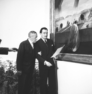 Chester Dale and Salvador Dali at the special preview of Dali's "The Sacrament of the Last Supper,†1955. It measures an immense 65 5/8 by 10 51/8 inches. Dale made his daring purchase in 1956; the painting has been a crowd-pleaser ever since.