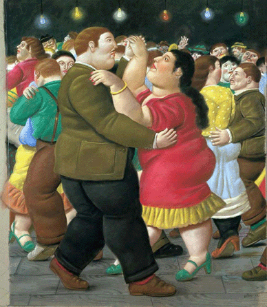 "The Dancers,†2002, an example of the intense colors Botero achieves with pastel, depicts a scene in a ballroom crowded with dully clad men and gaily garbed women. It is a sizeable 56 by 46½ inches.