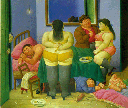 "The men in Botero's paintings may be good fathers and kind husbands, but they are also macho individuals who are familiar with the girls in the local brothels,†observes catalog essayist John Sillevis. "The House of Marta Pintuco,†2001, reflects this fact of Latin American life.