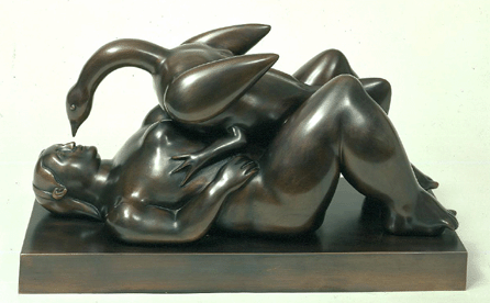 Botero's sculptural works effectively reflect his rounded style in expressive, even sensual bronzes, such as "Leda and the Swan,†1997, measuring 11½ by 22½ by 10 inches. Here, he captures the dramatic moment in Greek mythology when Olympian god Jupiter †in the form of a swan †is about to kiss Leda, the wife of the ruler of Sparta.