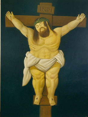Drawing on the South American tradition of veneration for the Crucifixion, with images of Christ's suffering everywhere in churches and cathedrals, Botero created his own version, full of agony and suffering, but by a mighty, strong figure on the cross. "Crucifix,†2000, measures an enormous 100 by 75½ inches.