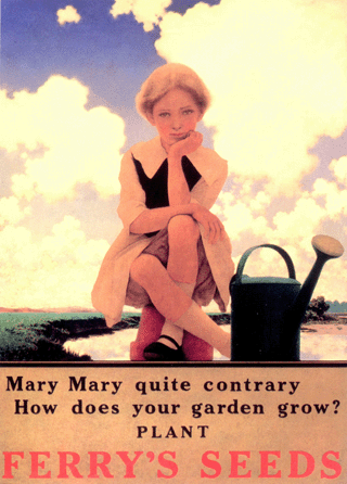 For "Mary, Mary, Quite Contrary,†a 1921 Parrish ad for Ferry Seeds, his young daughter, Jean, posed for the larger-than-life figure, backed by a scenic landscape. The Ferry series made for effective posters and best-selling lithographic reproductions. James Halperin, Heritage Auctions.