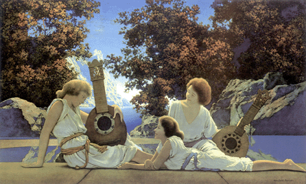"The Lute Players,†1922, was originally created as a mural for the new Eastman Theatre in Rochester, N.Y., and then turned into this lovely lithographic version that continues to be popular among print collectors. In 2001, "The Lute Players†represented Parrish's work on a postage stamp celebrating great American illustrators. James Halperin, Heritage Auctions.