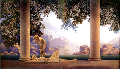 In "Daybreak,†1922, Parrish projected erotic innocence in a composition of classical symmetry and balanced harmony that conveyed sunrise in a panoramic dreamscape. He used sketches and photographs of his daughter, Jean, bending over the reclining body of William Jennings Bryan's comely 18-year-old granddaughter, Ruth "Kitty†Owen, in creating what he considered his magnum opus. Wildly popular then and now, "Daybreak†was once displayed in an estimated one in four American households. James Halperin, Heritage Auctions.