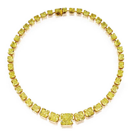 A fancy vivid yellow diamond necklace, set with 42 GIA-certified fancy vivid yellow diamonds weighing a total of 100.17 carats, sold for $3,554,500.