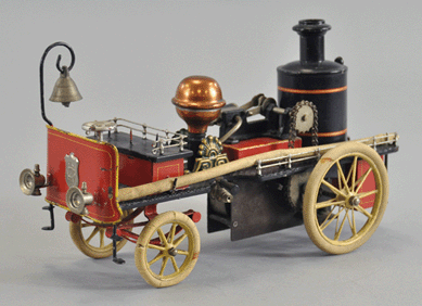 Extraordinary circa 1920 Marklin clockwork fire pumper with vertical boiler, 11½ inches, brought $48,588.