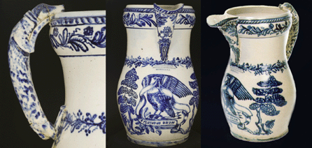 In 1987, at age 18, Adam Weitsman acquired what many describe as one of the finest pieces of American decorated stoneware known †a pitcher with an intricate and elaborate blue design featuring an American eagle. Made by Thompson Harrington and John Burger of Rochester between 1852 and 1854, it is further decorated with molded motifs around the spout and a handle in the form of a dog. It was said to have been displayed in the Rochester pottery's shop window as an advertisement.