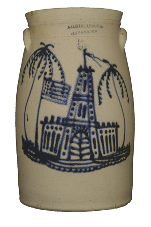 Depicting a castle, this 5-gallon churn was made by A.O. Whittemore, Havana, N.Y.