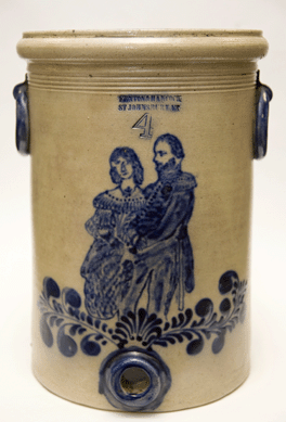 A cylindrical water cooler displaying a portrait of a Civil War general and his wife by potters Fenton & Hancock of St Johnsbury, Vt. The general depicted is Asa Peabody Blunt (1826‱889), who distinguished himself in Civil War battles at Lees Mill and Savages Station in Virginia. Blunt was a resident of St Johnsbury, and the cooler was undoubtedly made as a tribute from the community, and presented to him when he returned from the war.