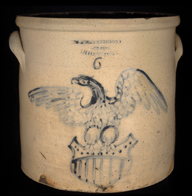 Patriotic symbols were popular motifs during and after the Civil War, such as the American eagle decorating this 6-gallon crock by Wm. A. MacQuoid & Co., Little West 12th Street, New York City.