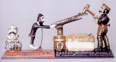 The J&E Stevens "Breadwinners†bank, from the Kesselman collection, is "regarded by collectors as one of the greatest mechanical toy banks ever produced.†It sold for $94,000.