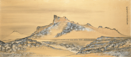While interned there, Jimmy Tsutomu Mirikitani executed "Painting of Tule Lake†in a traditional Japanese style that gave the bleak camp a somewhat romantic look. Collection of Hiroshi Sakai estate and family. 