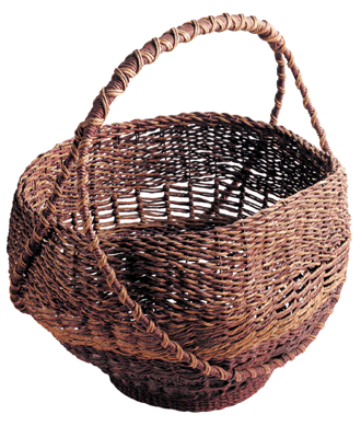 While interned at Topaz, Utah, Kenji Fuji crafted this handsome "woven basket†out of crepe paper, wire, twine and starch. National Japanese American Historical Society.