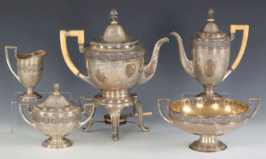 A Russian five-piece silver tea service stamped K. Faberge in Cyrillic drew a final bid of $64,350.