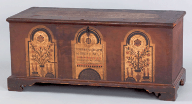 A Mahantongo dower chest attributed to the fraktur artist and cabinetmaker William Otto sold over the phone for $56,160.