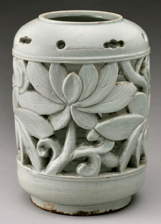 An unknown artist/maker from Korea made this flowerpot stand with lotus blossoms, early Nineteenth Century; glazed porcelain with openwork and incised decoration, Philadelphia Museum of Art.