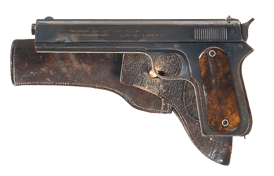Military arms included this US Army first contract Colt Model 1900 automatic pistol, serial number 93, with holster that sold above estimate at $43,125.