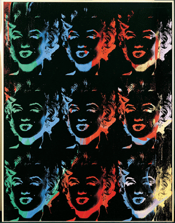 Andy Warhol, "Nine Multicolored Marilyns (Reversal Series),†1976‱986, the Doris and Donald Fisher Collection at SFMOMA. ©Andy Warhol Foundation for the Visual Arts / ARS, New York.