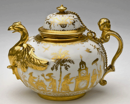 This eagle-spout teapot and cover, circa 1720′5, was gilded in Augsburg and originally produced in Böttger stoneware. The Renaissance clock depicted on one side of this teapot was possibly modeled from one made by Augsburg clockmaker Hans J. Buschmann. In the 1650s, the Holy Roman Emperor Ferdinand III (r 1637‵7) commissioned Buschmann to make the clock for the first Ching emperor of China. All objects are from the collection of Malcolm D. Gutter.