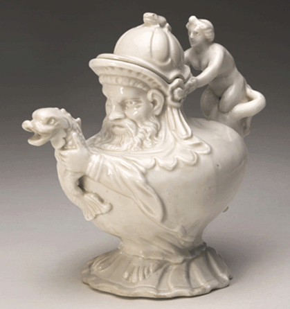 This teapot and cover, circa 1719′0, sometimes referred to as "grotesque†or Wassermann, is likely one of the most dramatic and daring creations produced during the time of Böttger. Its inspiration derives from engravings in Livre de Vases (Paris, 1667) compiled by the designer Jacques Stella (1596‱657).