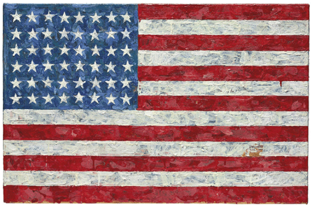 Jasper Johns (b 1930), "Flag,†1960‶6, encaustic and printed paper collage on paper laid down on canvas, 17½ by 26¾ inches, signed "Johns†on the underside, signed again and dated "J. Johns 1960‧66†on the reverse, sold for a record $28,642,500.