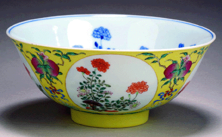 The Chinese porcelain famille rose bowl with an interior underglaze blue decorated with rocks, waves and ribbons bore the Daoguang mark and brought $73,160.