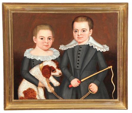 Among several lots of portraits of the Collins family by Milton W. Hopkins, this 1842 example, rediscovered years ago in a Missouri attic and depicting sons Alfred and James appears to be the only known double portrait by Hopkins and easily sold within estimate at $17,625, due to the whimsy of the boys holding a small whip and the pet dog. 