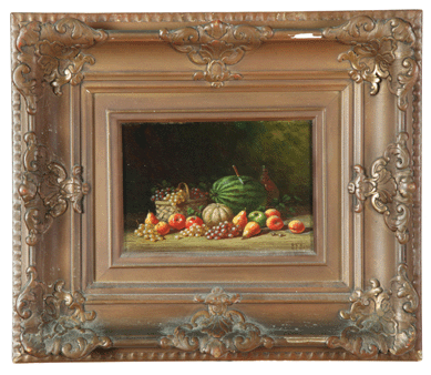 A 4¾-by7-inch still life of fruit, including grapes and a cut watermelon, by Albert Francis King tempted bidders to a price more than triple its high estimate, selling for $7,638. 