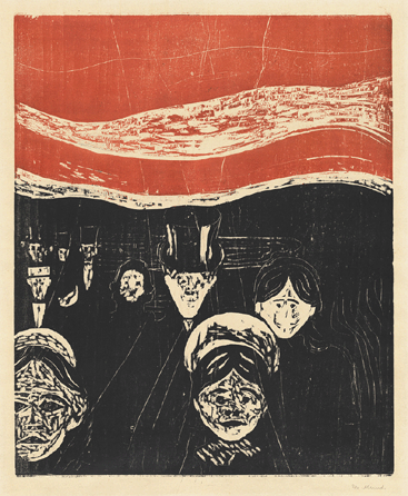 Edvard Munch, "Anxiety,†1896/1906 or later; color woodcut in black and red with hand touching on thick polished off-white wove paper. The Epstein Family Collection.