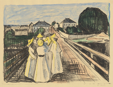 Edvard Munch, "Girls on the Jetty,†1912‱913/1913, lithograph in black with hand coloring on thick textured tan wove paper. The Epstein Family Collection.