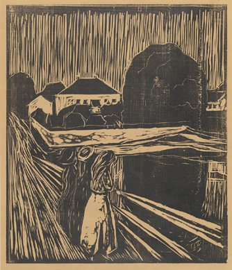 Edvard Munch, "Girls on the Jetty,†1918, woodcut in black on thick brown wove paper. The Epstein Family Collection.