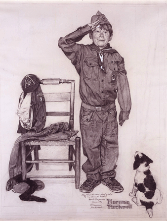 In one of the last of many Boy Scout calendars Rockwell designed, he posed a friend's young son in a much-too-large uniform, suggesting a Cub Scout trying on his older brother's outfit and practicing the Scout salute as his little dog looks on. The charcoal drawing, 1972, measures 39 by 31½ inches and is from the collection of George Lucas. 