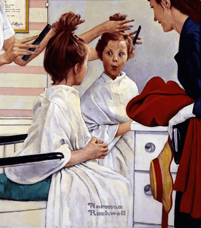 In the finished oil painting of "First Trip to the Beauty Shop,†for a Top Value trading stamp catalog, Rockwell tightened the composition of the preliminary drawing, homing in on the girl's expression as she views herself in the mirror, while her mother shares her delight. Collection of George Lucas.