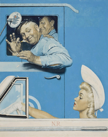 Rockwell loved long shots, reveling in vignettes like "The Flirts,†where the beefy truck driver makes a play for the fancy, stone-faced blonde driving by in a convertible. 