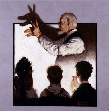 In painting "Shadow Artist,†Rockwell adopted the vantage point of fascinated children as they watch an older man's fingers make a fantastical animal image by the light of an oil lamp. Rockwell had a lively interest in interrelationships among generations. Collection of George Lucas.