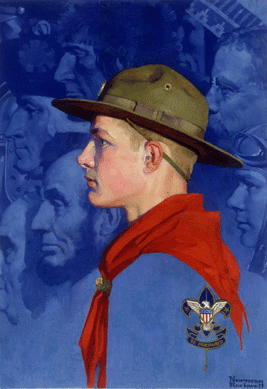 After dropping out of school to study art, Rockwell began designing covers for the new Boy Scout magazine, Boys' Life, eventually becoming its art director. Over many years, his covers and calendars stressed strength of character, consideration for others, patriotism, heroism and selflessness, as in this profile of a resolute, pink-cheeked Scout backed by George Washington, Benjamin Franklin, Teddy Roosevelt and Charles Lindbergh. 