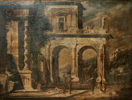 An unsigned oil on canvas in the circle of Italian artist Giovanni Paolo Panini (1692‱765), "A Capriccio of Classical Ruins,†quickly attained $27,025, becoming the top lot of the sale. 