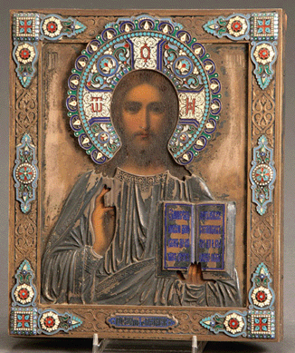 A silver gilt and cloisonné enamel icon of "Christ the Pantocrator†by Pavel Ovchinnikov, Moscow, 1896‱908, sold above estimate at $16,450.