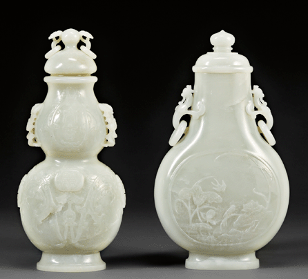 Two large Chinese pale celadon jade vases brought a total of $1,079,000. The example on the left, carved in the shape of a double gourd, brought $578,000. The example on the right was carved in a flattened hu form and sold for $501,000.