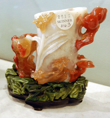 The colorful Eighteenth Century agate vase in hues of white, ochre and ruby sold for $65,175.