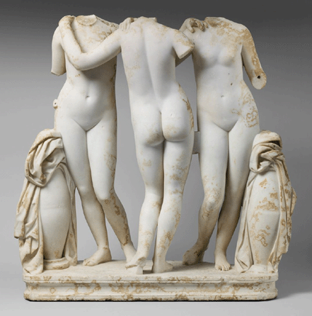 The Three Graces, Roman, imperial period, Second Century AD, copy of a Greek work of the Second Century BC marble, 48-7/16 by 39-3/8 inches. The Metropolitan Museum of Art, purchase, Philodoroi, Lila Acheson Wallace, the Jaharis Family Foundation Inc, Annette de la Renta, Shelby White, the Robert A. and Renée E. Belfer Family Foundation, Mr and Mrs John A. Moran, Jeanette and Jonathan Rosen, Malcolm Wiener and Nicholas S. Zoullas gifts, 2010.