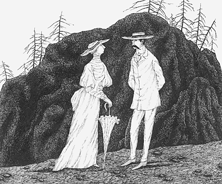 Edward Gorey, "He was recognized at once by Lady Isobel Stringless, Lord Wherewithal's aunt, although they had last met 17 years before on St Clot in the Maladroit Islands,†illustration for The Secrets: Volume One, The Other Statue, 1968, pen and ink, 4½ by 5½ inches. ©The Edward Gorey Charitable Trust.