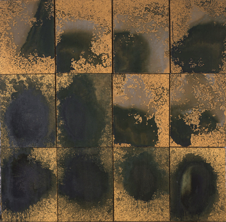 Warhol's "Oxidation Painting (in 12 parts),†1978, was created by urinating on canvases primed with copper-based paint, producing uncontrollable blobs and other shapes. Art critic Gregory Volk said the "surfaces are incredibly active and reward sustained, patient viewing&⁡nd are surprisingly nuanced and evocative.†The Andy Warhol Museum, Pittsburgh; founding collection, contribution the Andy Warhol Foundation for the Visual Arts, Inc. ©2010 The Andy Warhol Foundation for the Visual Arts/Artists Rights Society (ARS), New York City. 