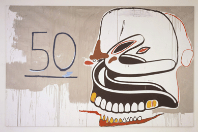 Over the course of several years in the early 1980s, Warhol, captivated by the personality and precocious skills of Afro Caribbean artist Jean-Michel Basquiat, then in his early 20s, combined forces with him on works such as untitled (50-Dentures), 1983. This intriguing acrylic and silkscreen ink on canvas is a whopping 114 by 176 inches. Van de Weghe Fine Art, New York. ©2010 The Andy Warhol Foundation for the Visual Arts/Artists Rights Society (ARS), New York City.