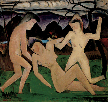 In the wake of the Armory Show of 1913 that introduced Americans to Cezanne and European Modernism, Man Ray, while living in a small rural art colony near Ridgefield, N.J., drew on the old master's bathers images in "Departure of Summer,†1914. Art Institute of Chicago.