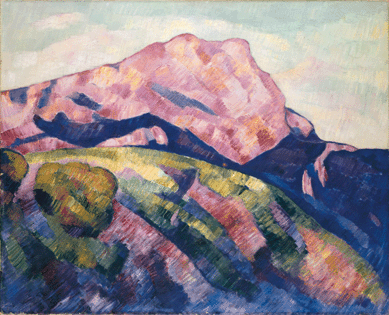 Maine native Marsden Hartley continued his lifelong fascination with mountains when he stayed near Aix and painted his hero Cezanne's favorite peak from various angles. Hartley's "Mont Sainte-Victoire,†1927, is enlivened with the artist's idiosyncratic coloring. Private collection of Elaine and Henry Kaufman.