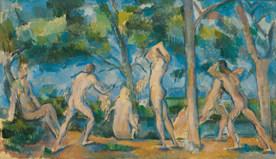Nude female and male bathers by bodies of water became a favorite theme of Cezanne's as exemplified by "Bathers,†1898‱900. It is part of the Cone collection at the Baltimore Museum of Art.