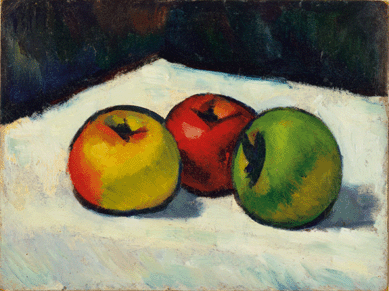 Morgan Russell, a great admirer of Cezanne's "modern idea†of creating form using color alone, painted "Three Apples,†1910, a carefully reduced version of the Frenchman's "Five Apples.†Museum of Modern Art.