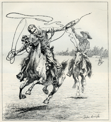 Frederic Remington's illustrations of Theodore Roosevelt's essays in Century Magazine about life in the West helped set the tone for perceptions of the region for years. This line engraving, "Cowboy Fun,†accompanied "Ranch Life in the Far West†in February 1888.